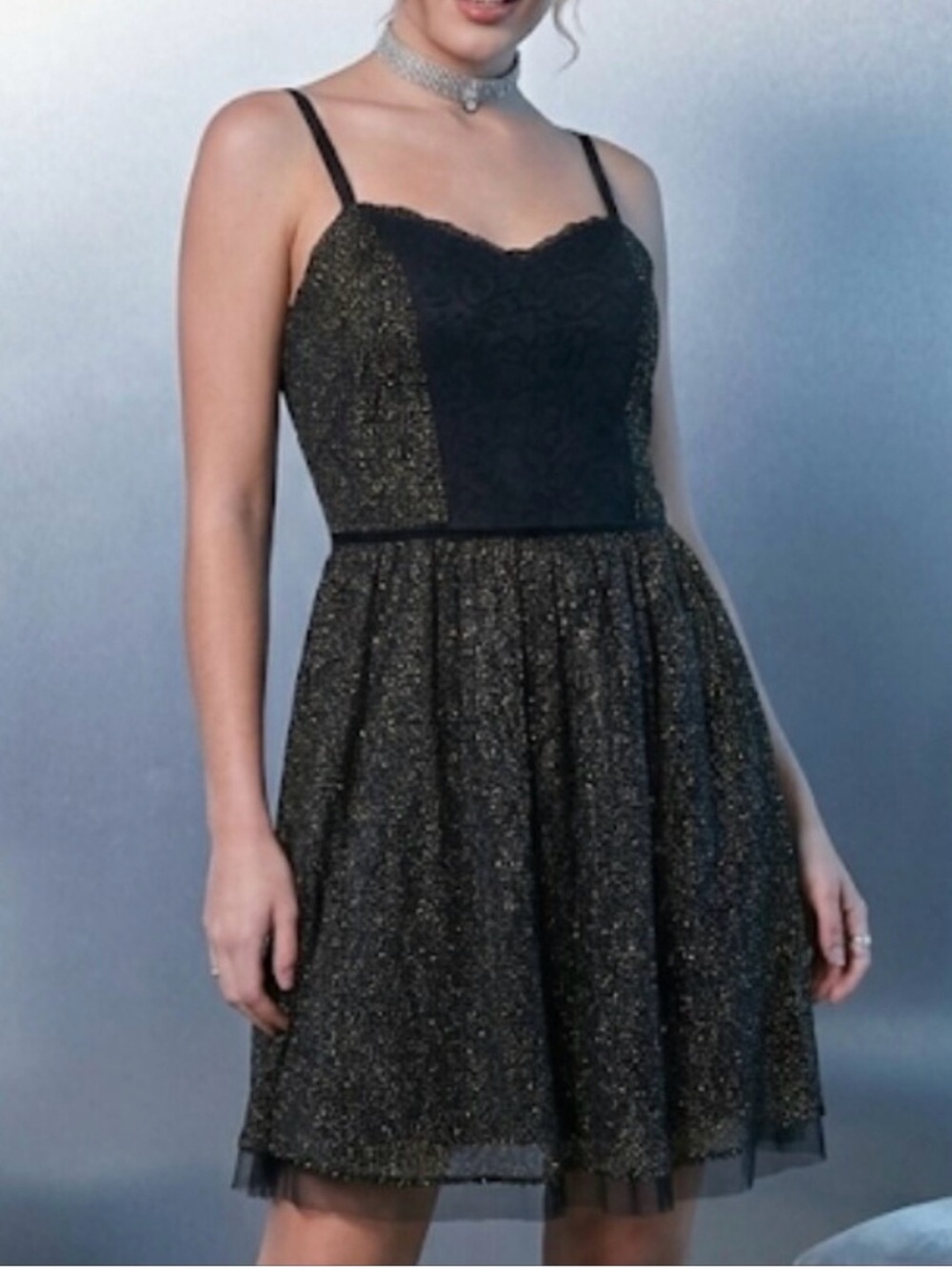Free People Vintage Y2K Glitter Lace Sparkle Black Mini Cocktail Dress Size 12